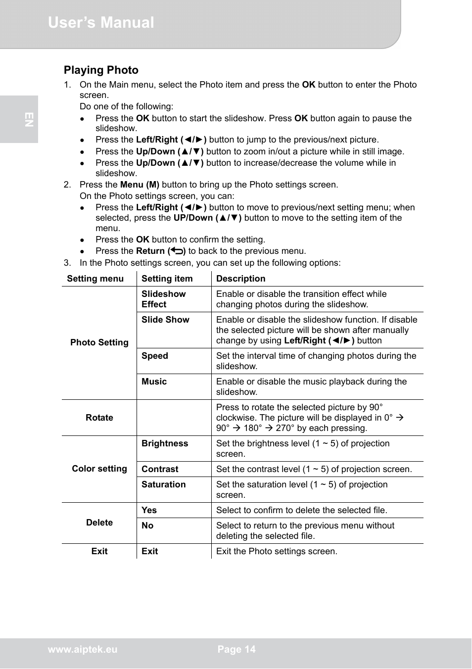 User’s manual, En playing photo | AIPTEK POCKETCINEMA V50 User Manual | Page 14 / 22