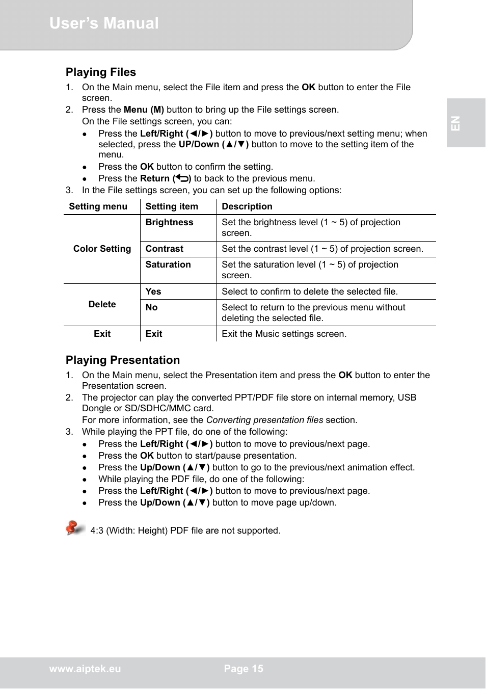 User’s manual, En playing files, Playing presentation | AIPTEK POCKETCINEMA V50 User Manual | Page 15 / 22