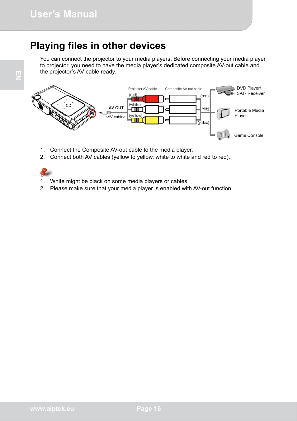 User’s manual, Playing files in other devices | AIPTEK POCKETCINEMA V50 User Manual | Page 16 / 22