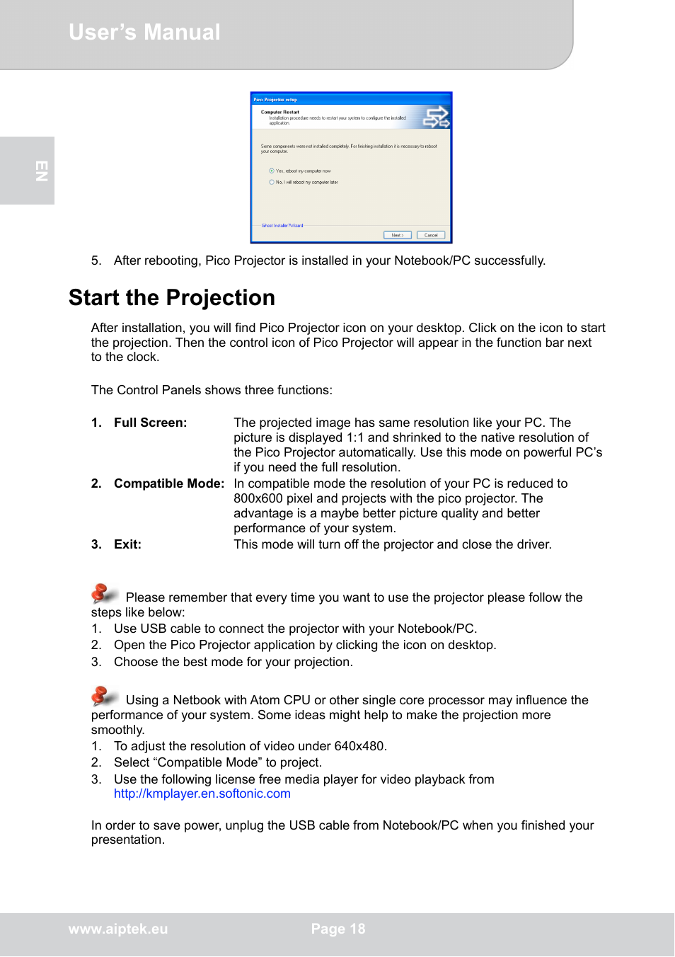 User’s manual, Start the projection | AIPTEK POCKETCINEMA V50 User Manual | Page 18 / 22