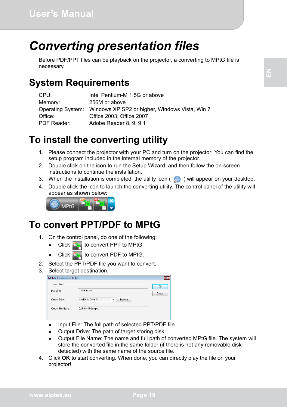Converting presentation files, User’s manual, System requirements | AIPTEK POCKETCINEMA V50 User Manual | Page 19 / 22