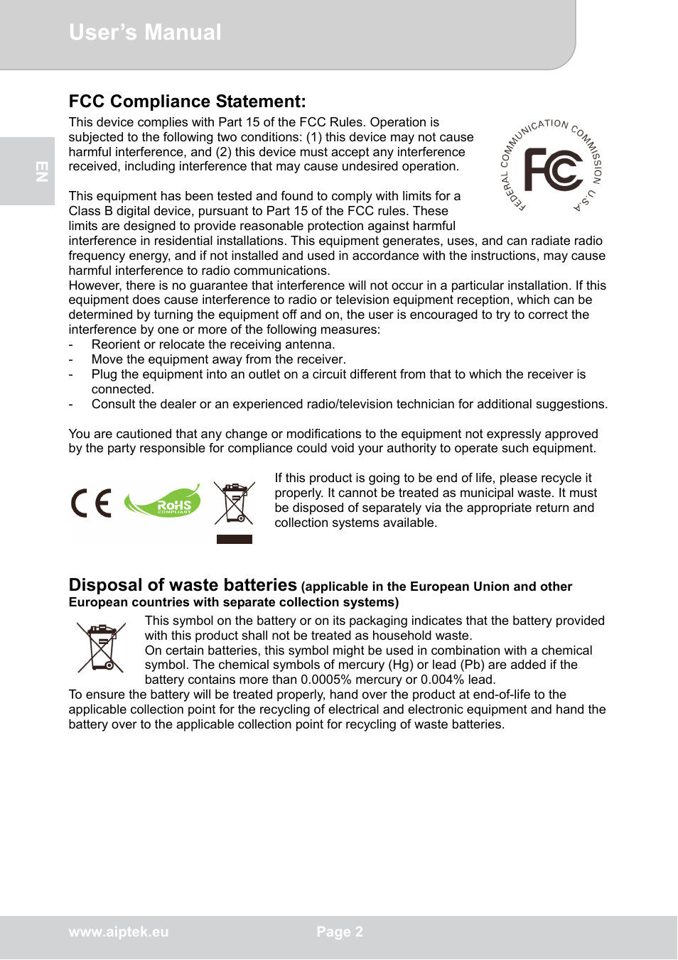 User’s manual, Fcc compliance statement, Disposal of waste batteries | AIPTEK POCKETCINEMA V50 User Manual | Page 2 / 22