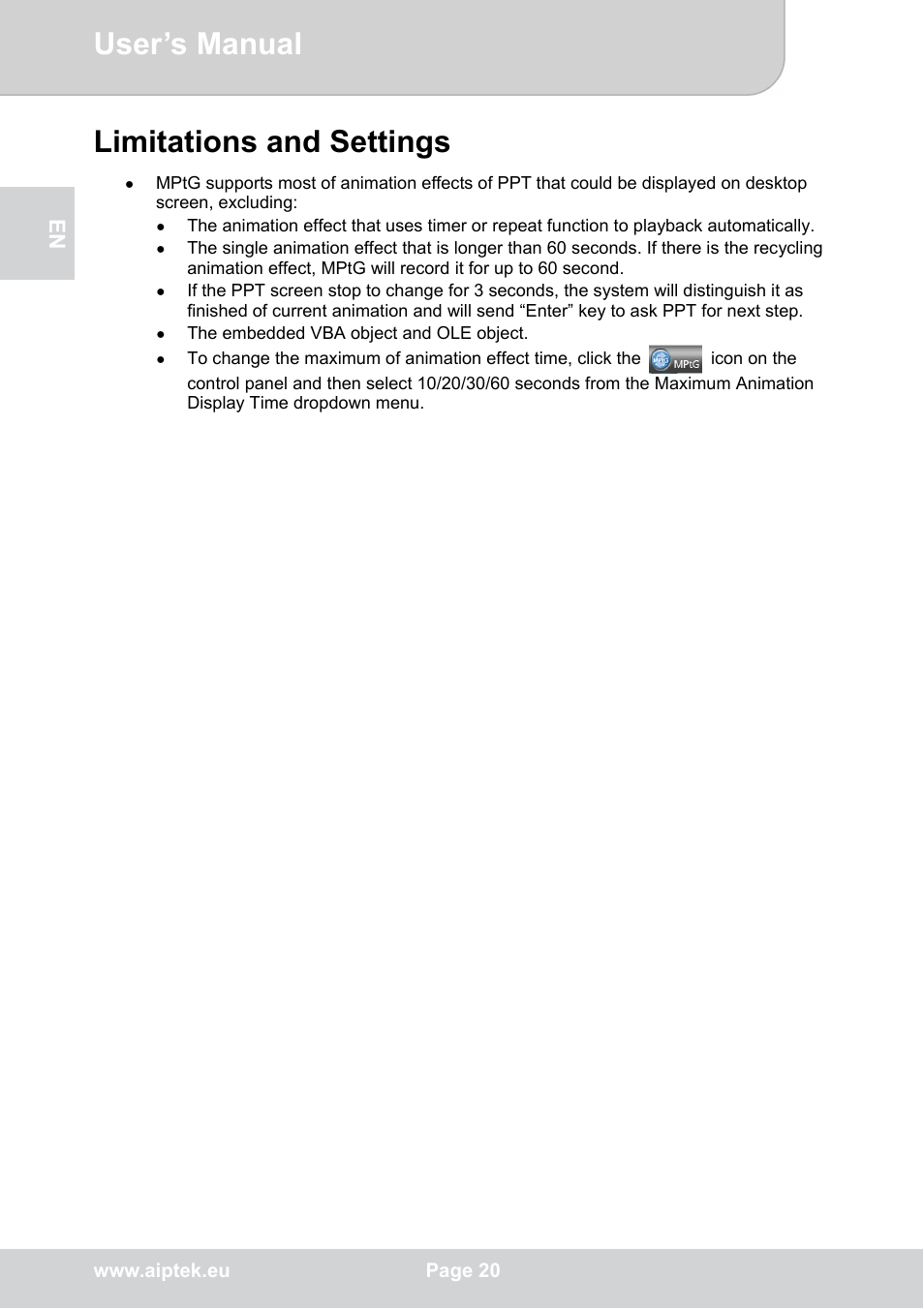 User’s manual, Limitations and settings | AIPTEK POCKETCINEMA V50 User Manual | Page 20 / 22