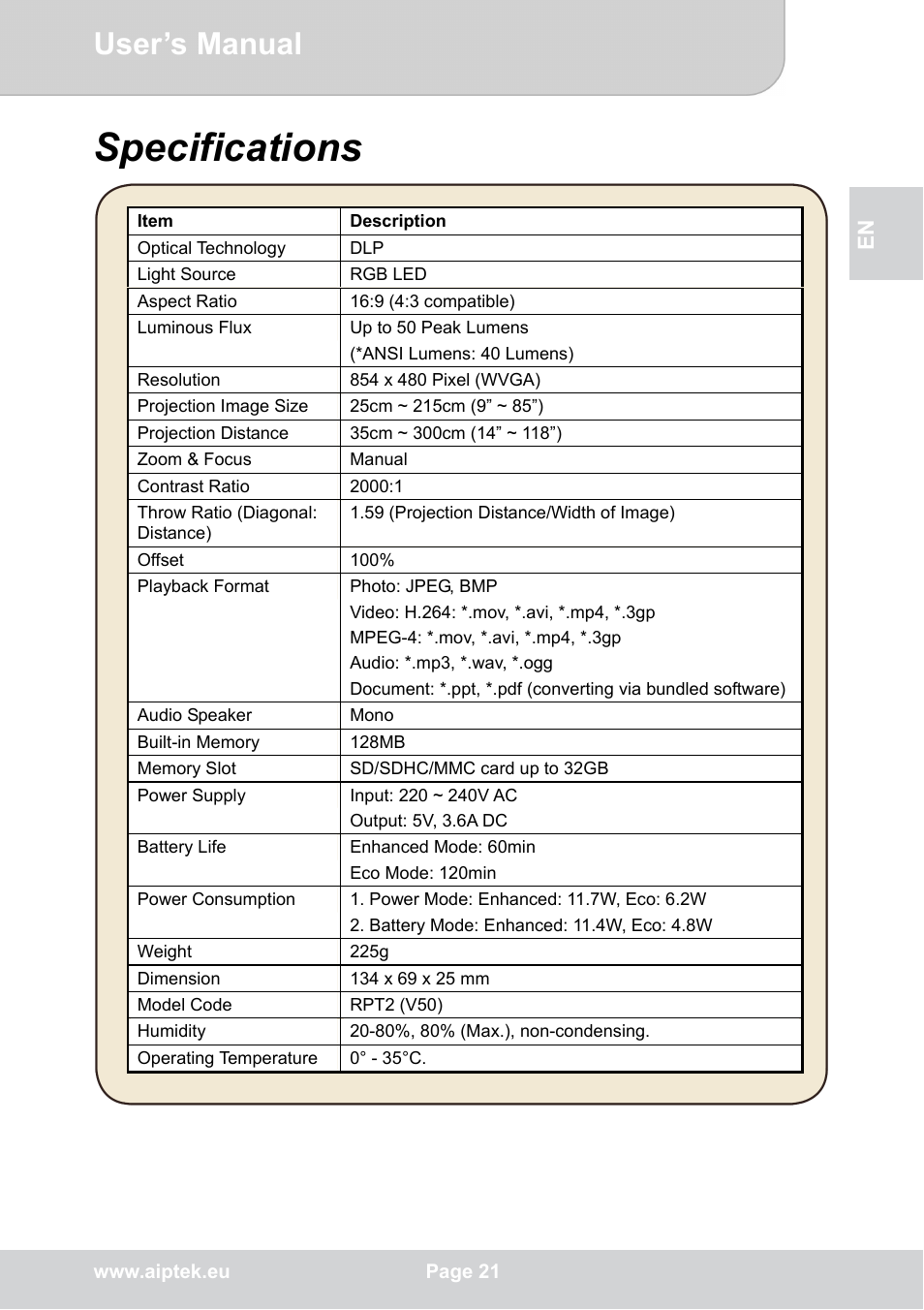 Specifications, User’s manual | AIPTEK POCKETCINEMA V50 User Manual | Page 21 / 22