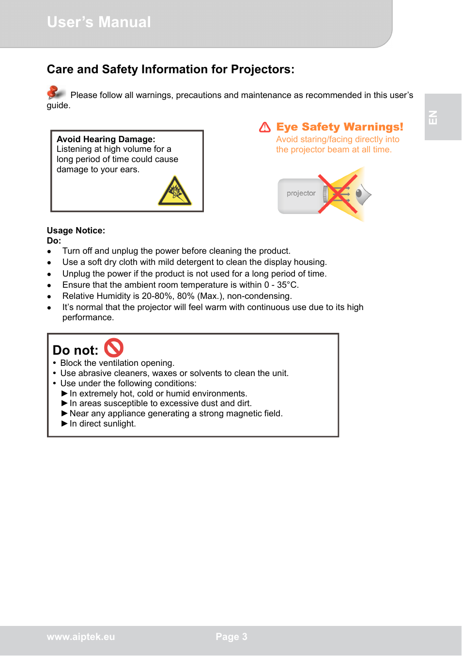 User’s manual, Do not, Care and safety information for projectors | Eye safety warnings | AIPTEK POCKETCINEMA V50 User Manual | Page 3 / 22