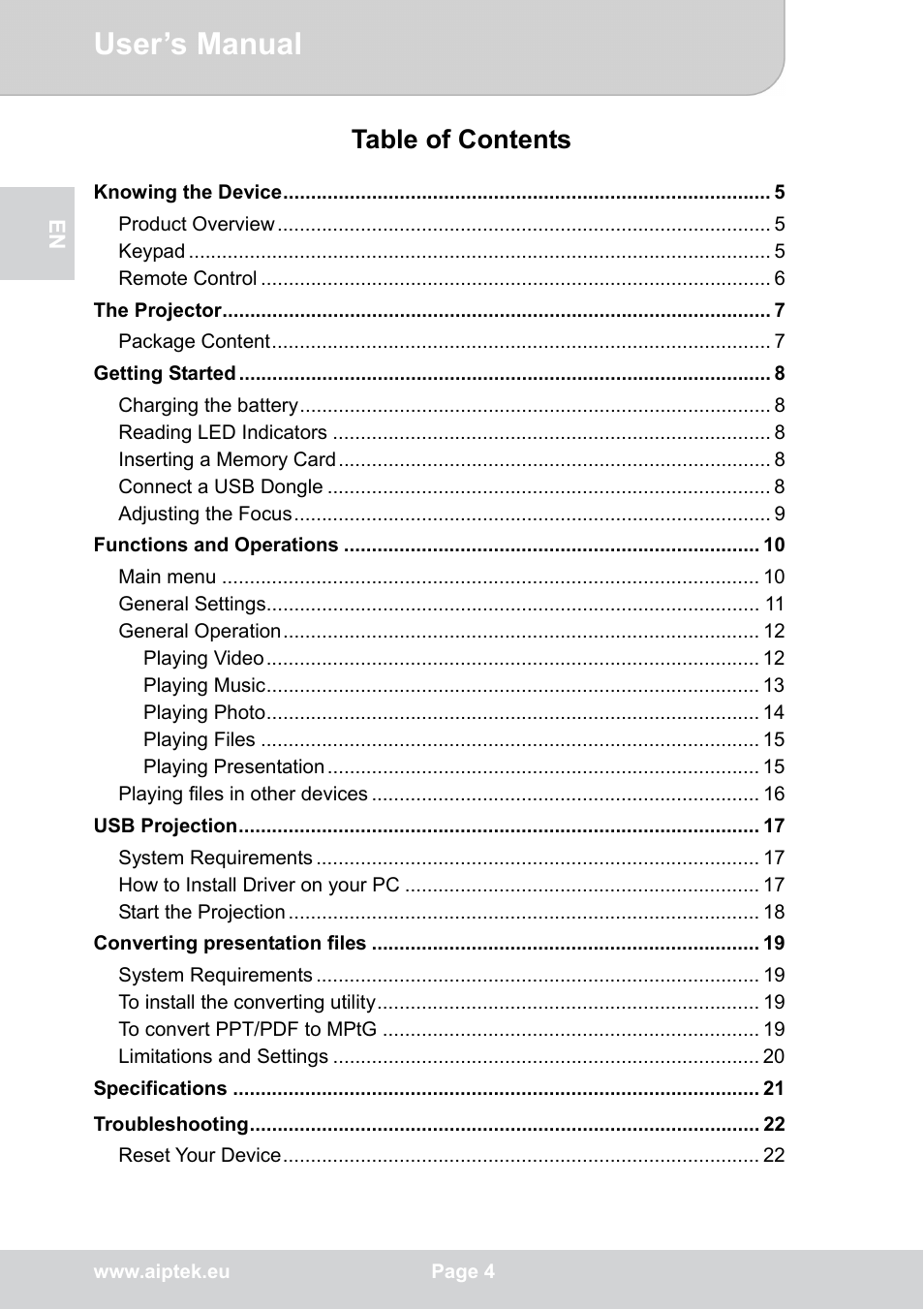 AIPTEK POCKETCINEMA V50 User Manual | Page 4 / 22