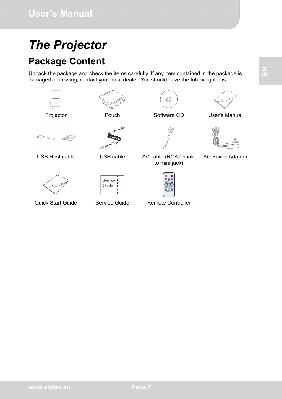 The projector, User’s manual, Package content | AIPTEK POCKETCINEMA V50 User Manual | Page 7 / 22