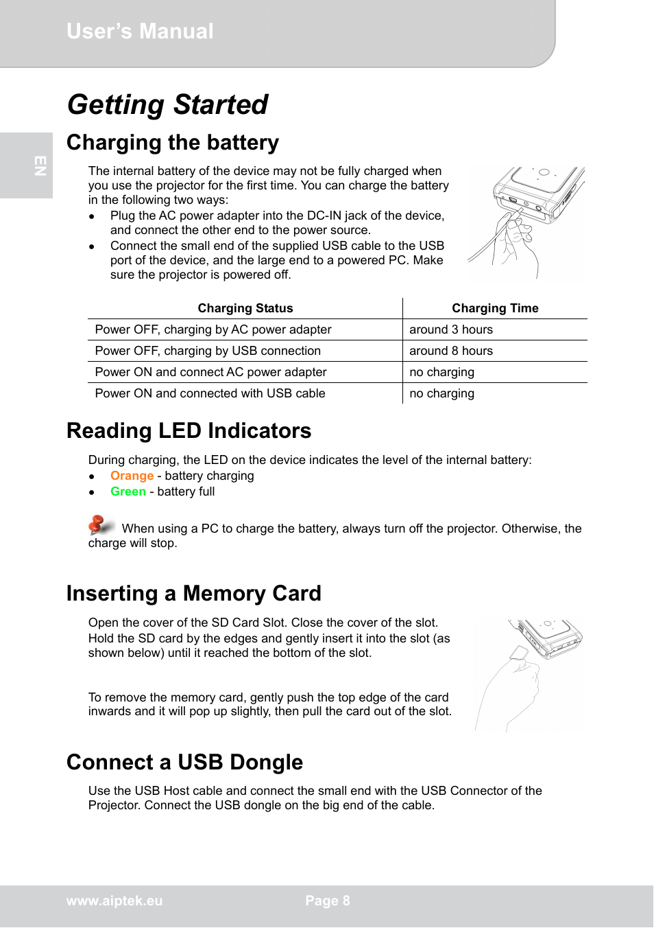 Getting started, User’s manual, Charging the battery | Reading led indicators, Connect a usb dongle | AIPTEK POCKETCINEMA V50 User Manual | Page 8 / 22