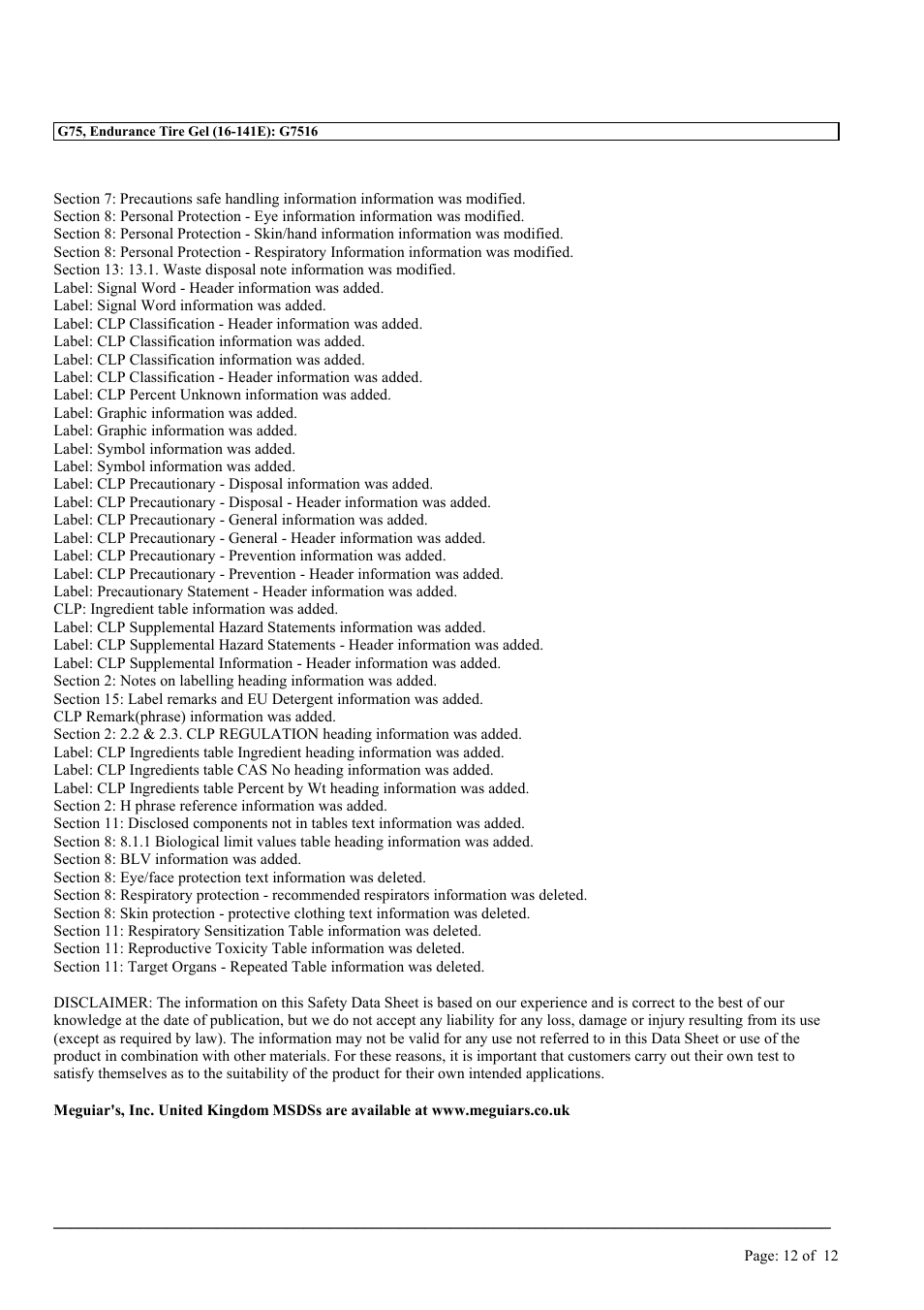 MEGUIAR'S G75 User Manual | Page 12 / 12