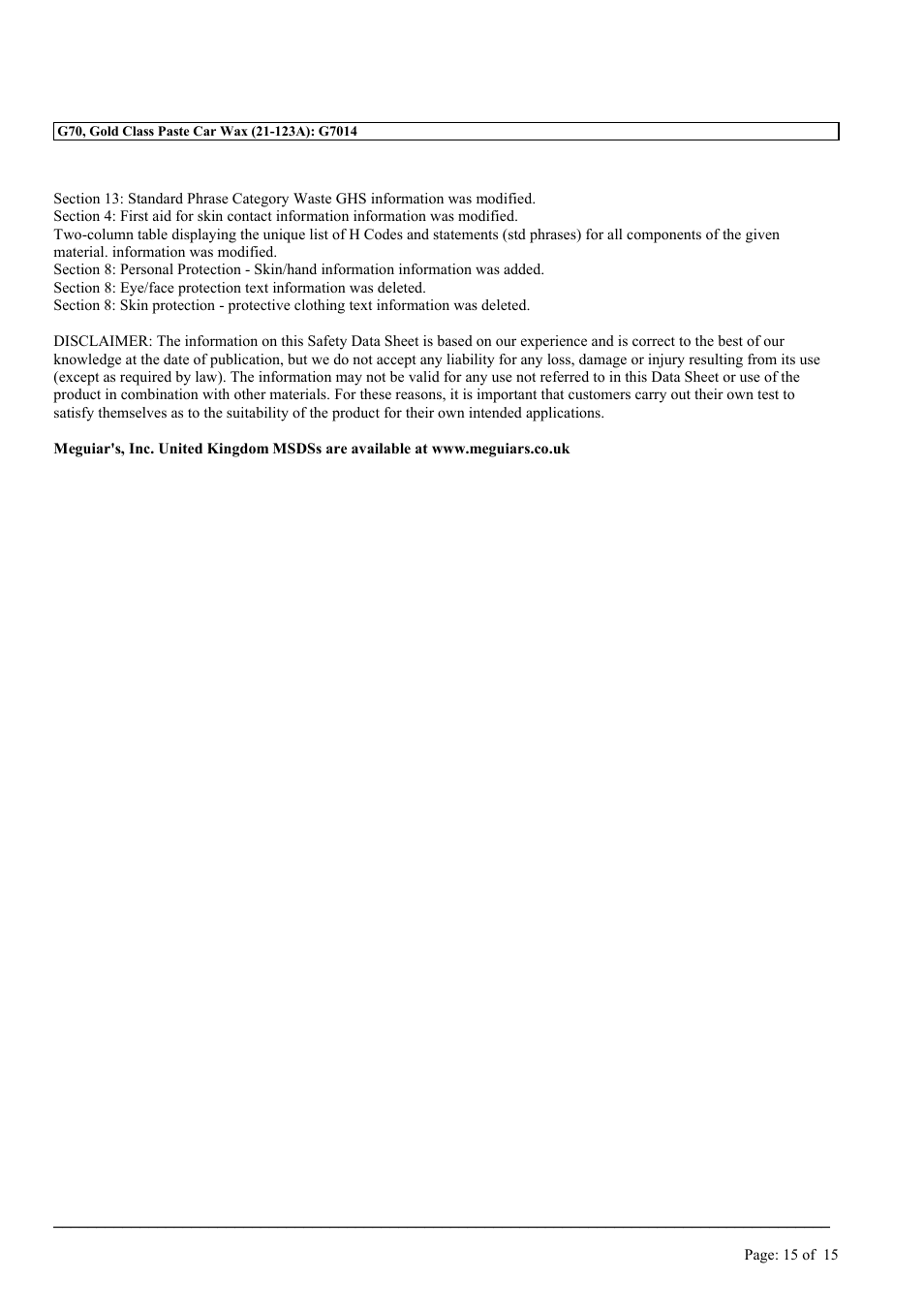 MEGUIAR'S G7014 User Manual | Page 15 / 15