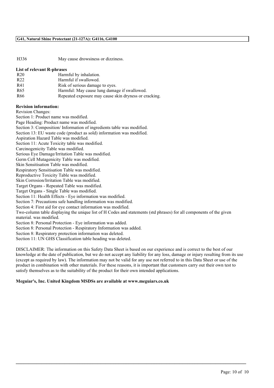 MEGUIAR'S G41 User Manual | Page 10 / 10