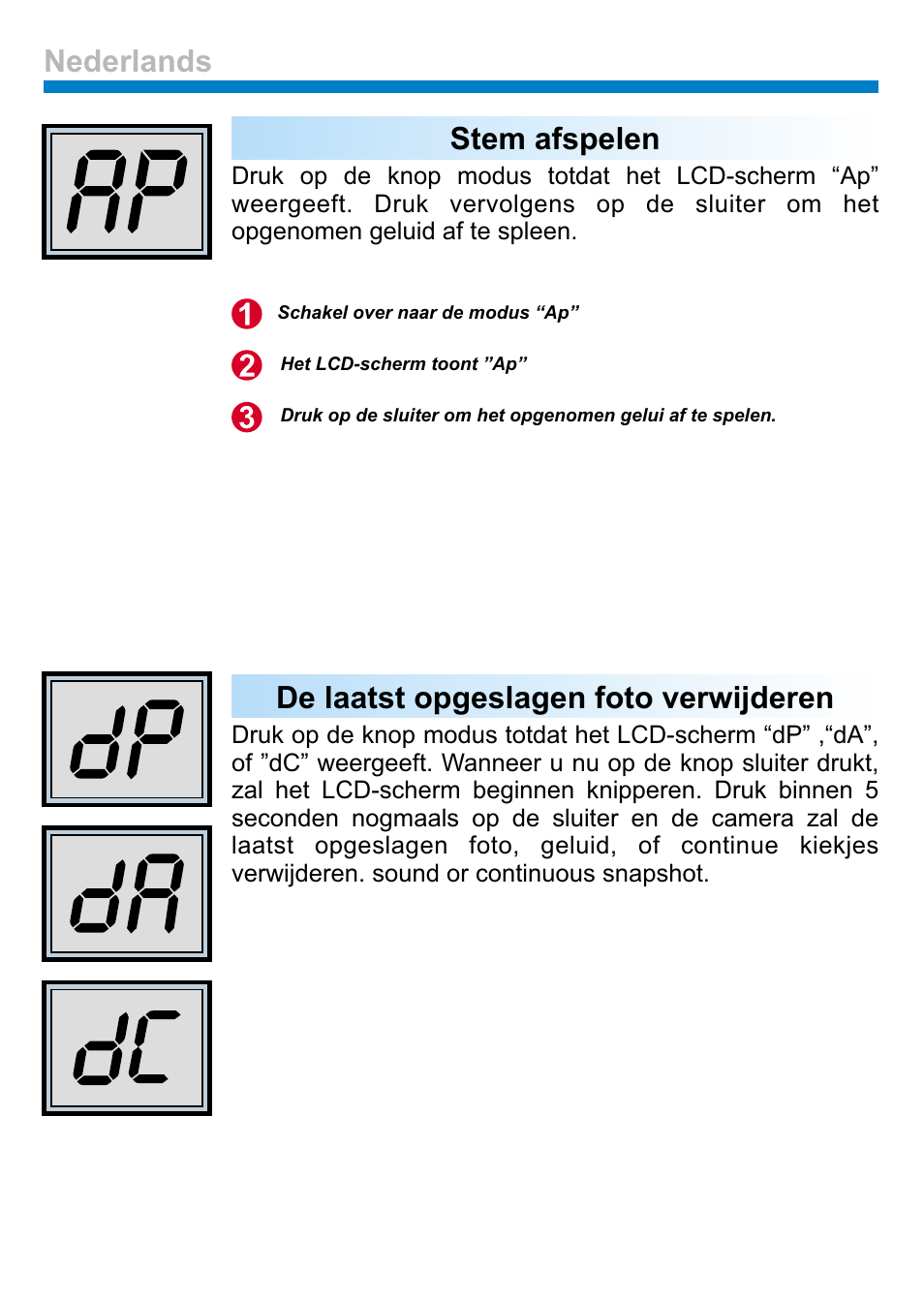 Stem afspelen, De laatst opgeslagen foto verwijderen, Nederlands | AIPTEK PENCAM VOICE User Manual | Page 101 / 133
