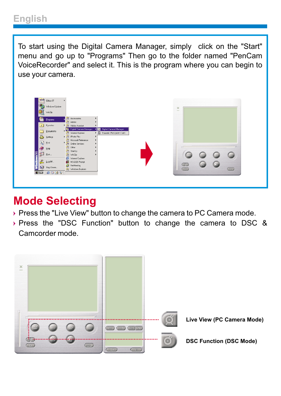 Mode selecting, English | AIPTEK PENCAM VOICE User Manual | Page 12 / 133