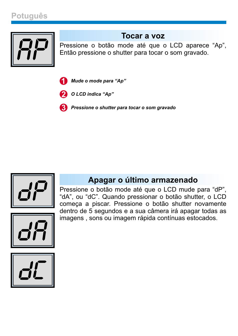 Tocar a voz, Apagar o último armazenado, Potuguês | AIPTEK PENCAM VOICE User Manual | Page 120 / 133