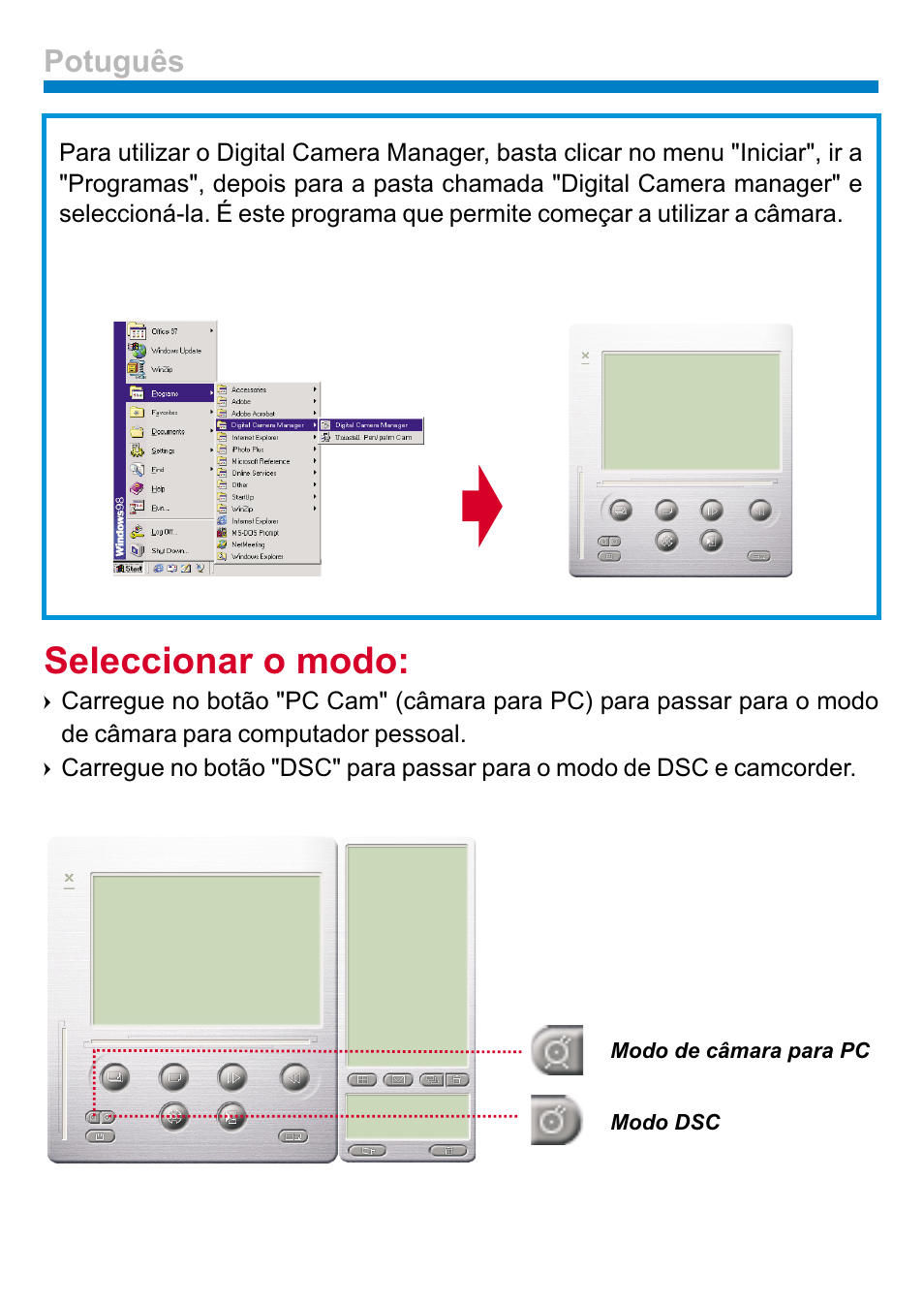 Seleccionar o modo, Potuguês | AIPTEK PENCAM VOICE User Manual | Page 126 / 133