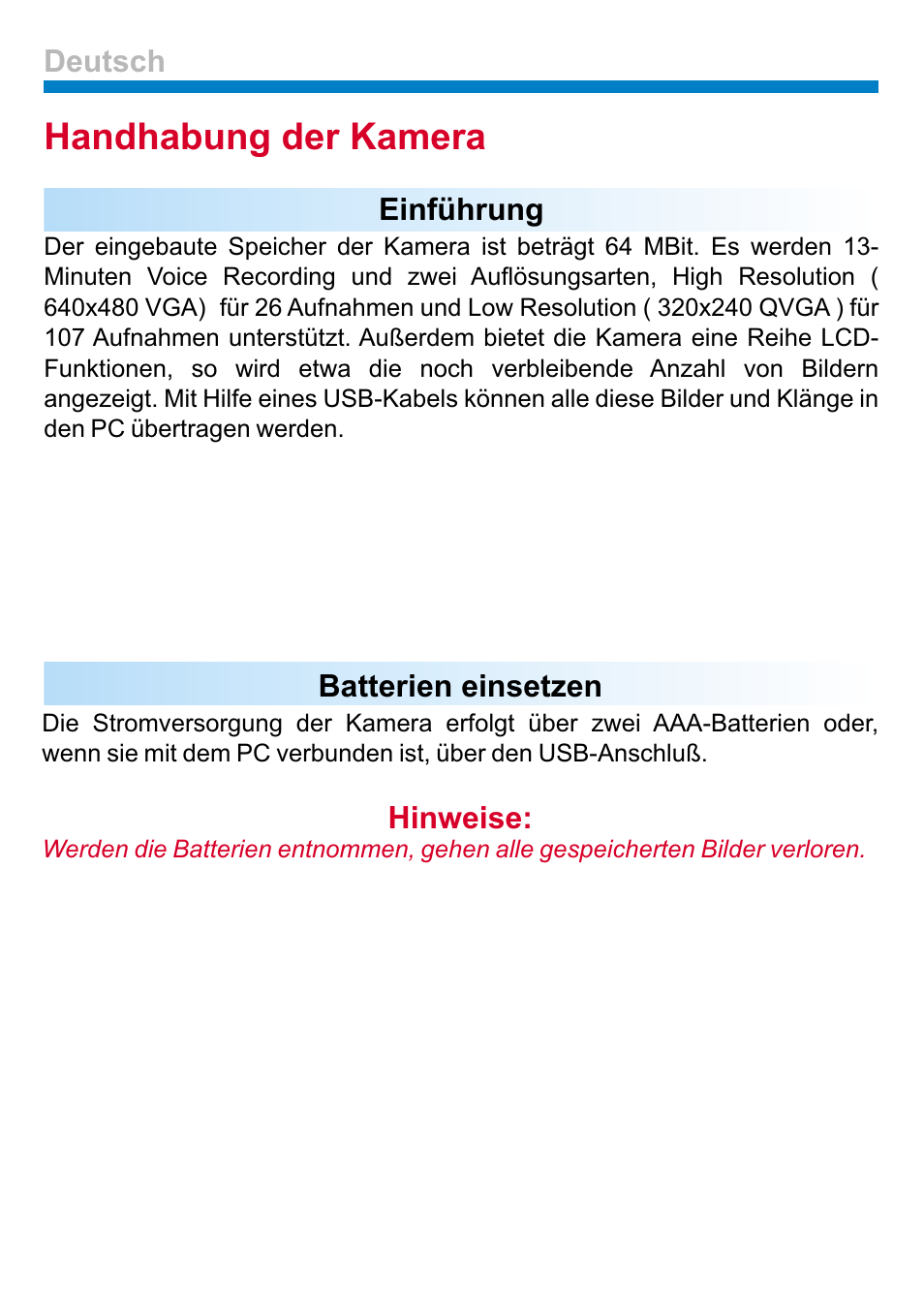 Handhabung der kamera, Einführung, Batterien einsetzen | Hinweise, Deutsch | AIPTEK PENCAM VOICE User Manual | Page 21 / 133