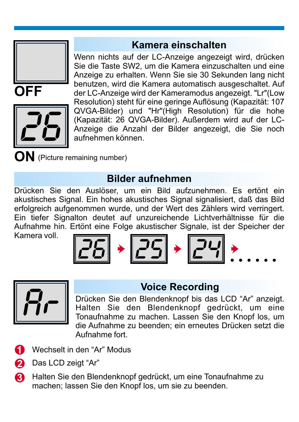 On off, Kamera einschalten, Bilder aufnehmen | Voice recording | AIPTEK PENCAM VOICE User Manual | Page 24 / 133