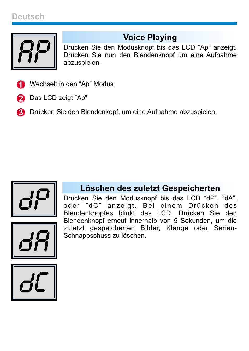 Voice playing, Löschen des zuletzt gespeicherten, Deutsch | AIPTEK PENCAM VOICE User Manual | Page 25 / 133