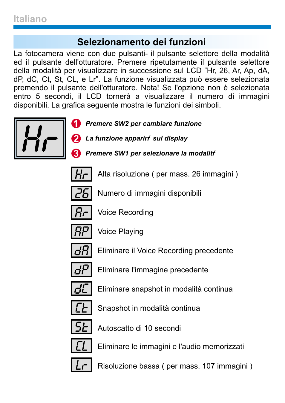 Selezionamento dei funzioni, Italiano | AIPTEK PENCAM VOICE User Manual | Page 42 / 133