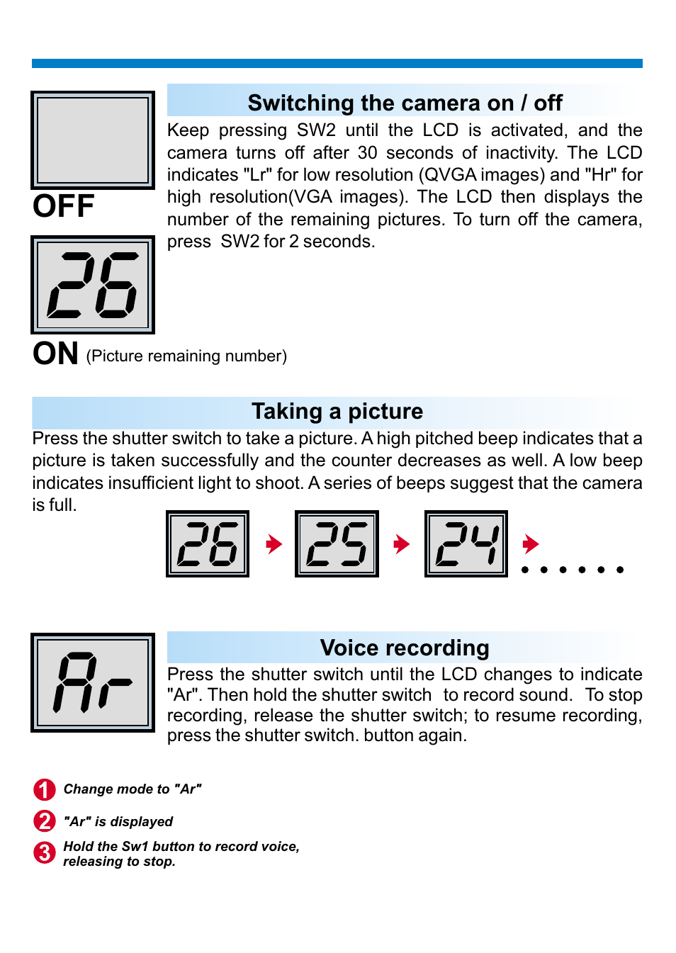 On off, Taking a picture, Switching the camera on / off | Voice recording | AIPTEK PENCAM VOICE User Manual | Page 5 / 133