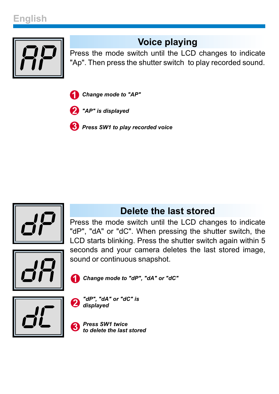 Voice playing, Delete the last stored, English | AIPTEK PENCAM VOICE User Manual | Page 6 / 133