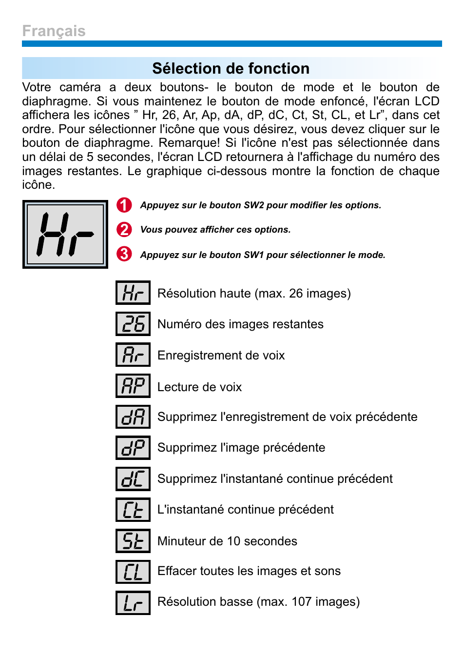 Sélection de fonction, Français | AIPTEK PENCAM VOICE User Manual | Page 61 / 133