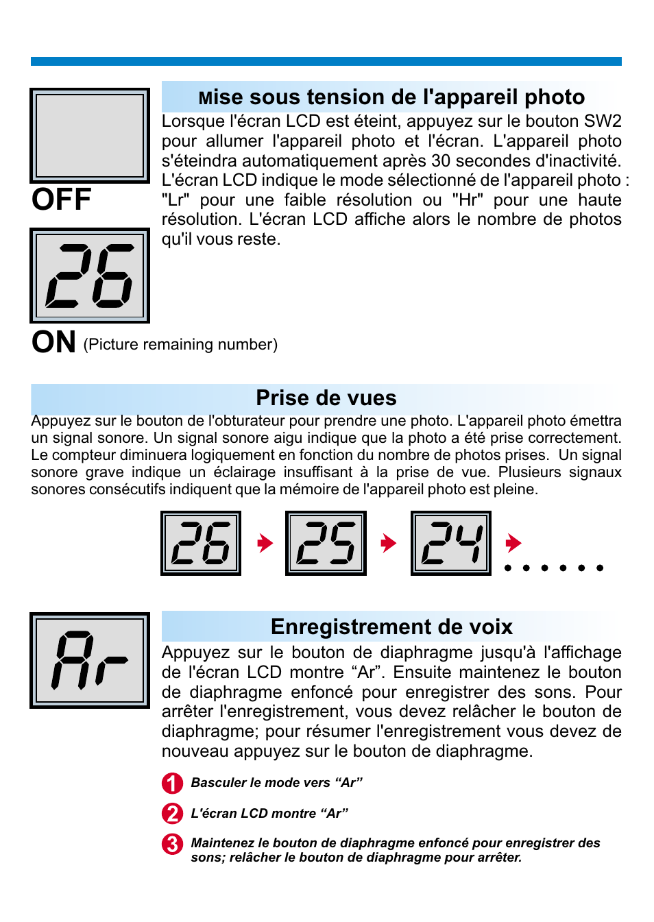 On off, Prise de vues, Ise sous tension de l'appareil photo | Enregistrement de voix | AIPTEK PENCAM VOICE User Manual | Page 62 / 133