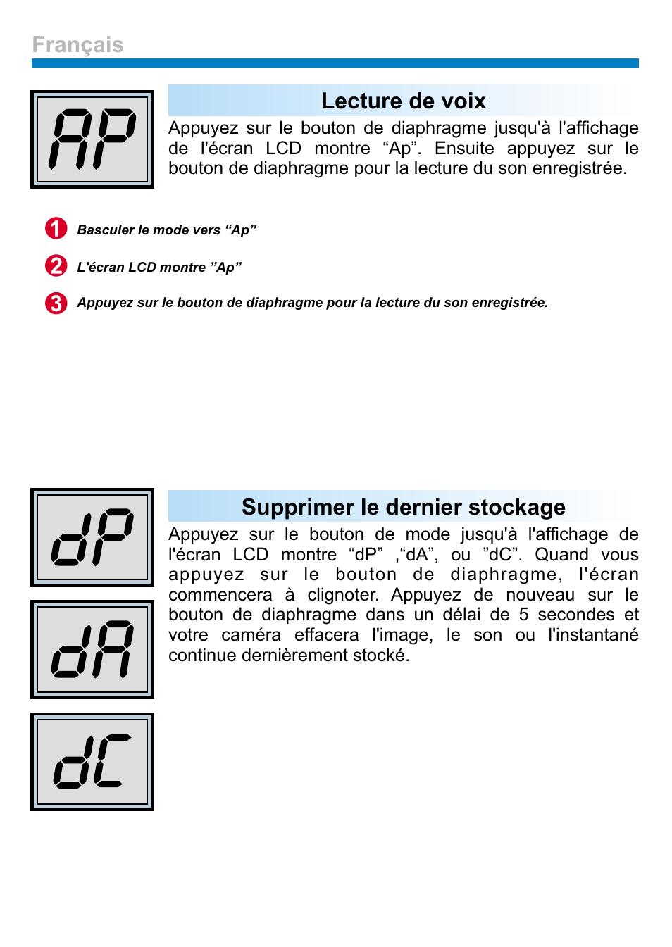 Lecture de voix, Supprimer le dernier stockage, Français | AIPTEK PENCAM VOICE User Manual | Page 63 / 133