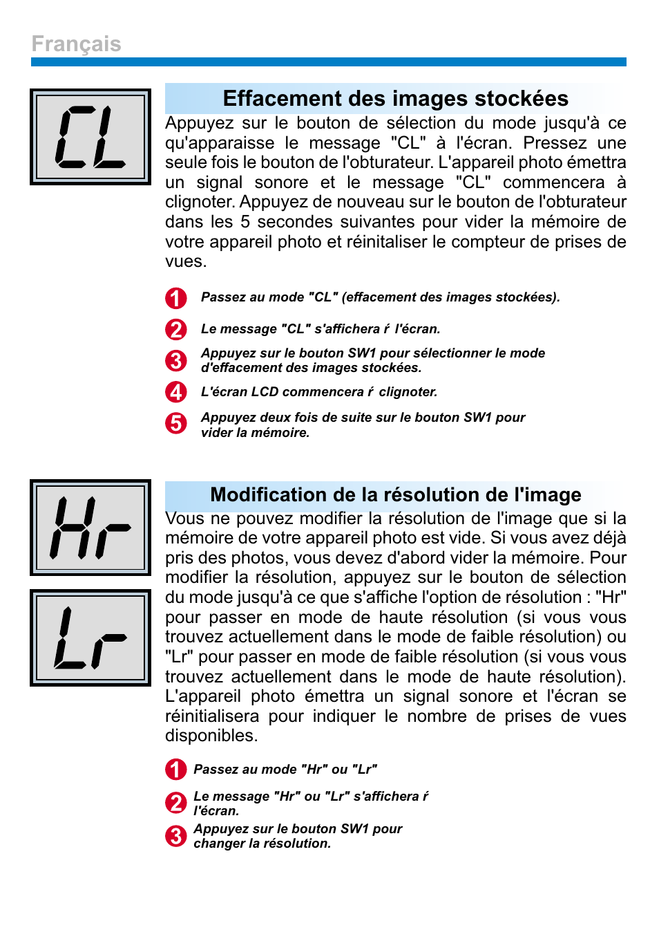Effacement des images stockées, Français, Modification de la résolution de l'image | AIPTEK PENCAM VOICE User Manual | Page 65 / 133