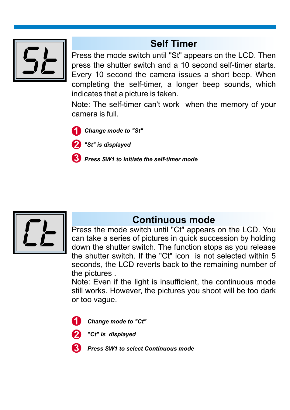 Self timer, Continuous mode | AIPTEK PENCAM VOICE User Manual | Page 7 / 133