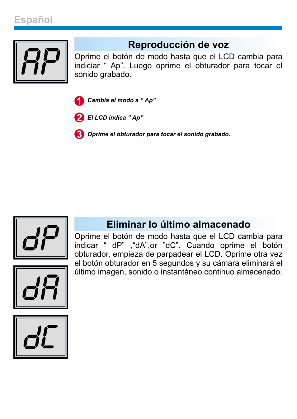 Reproducción de voz, Eliminar lo último almacenado, Español | AIPTEK PENCAM VOICE User Manual | Page 82 / 133