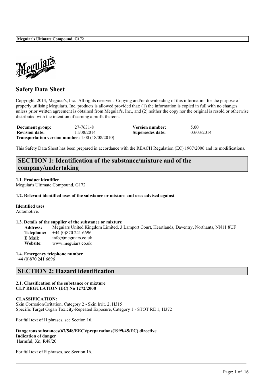 Safety data sheet | MEGUIAR'S G3300 User Manual | Page 34 / 71