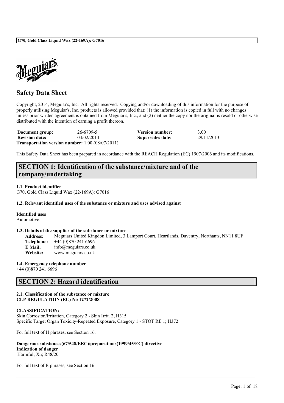 Safety data sheet | MEGUIAR'S G3300 User Manual | Page 4 / 71