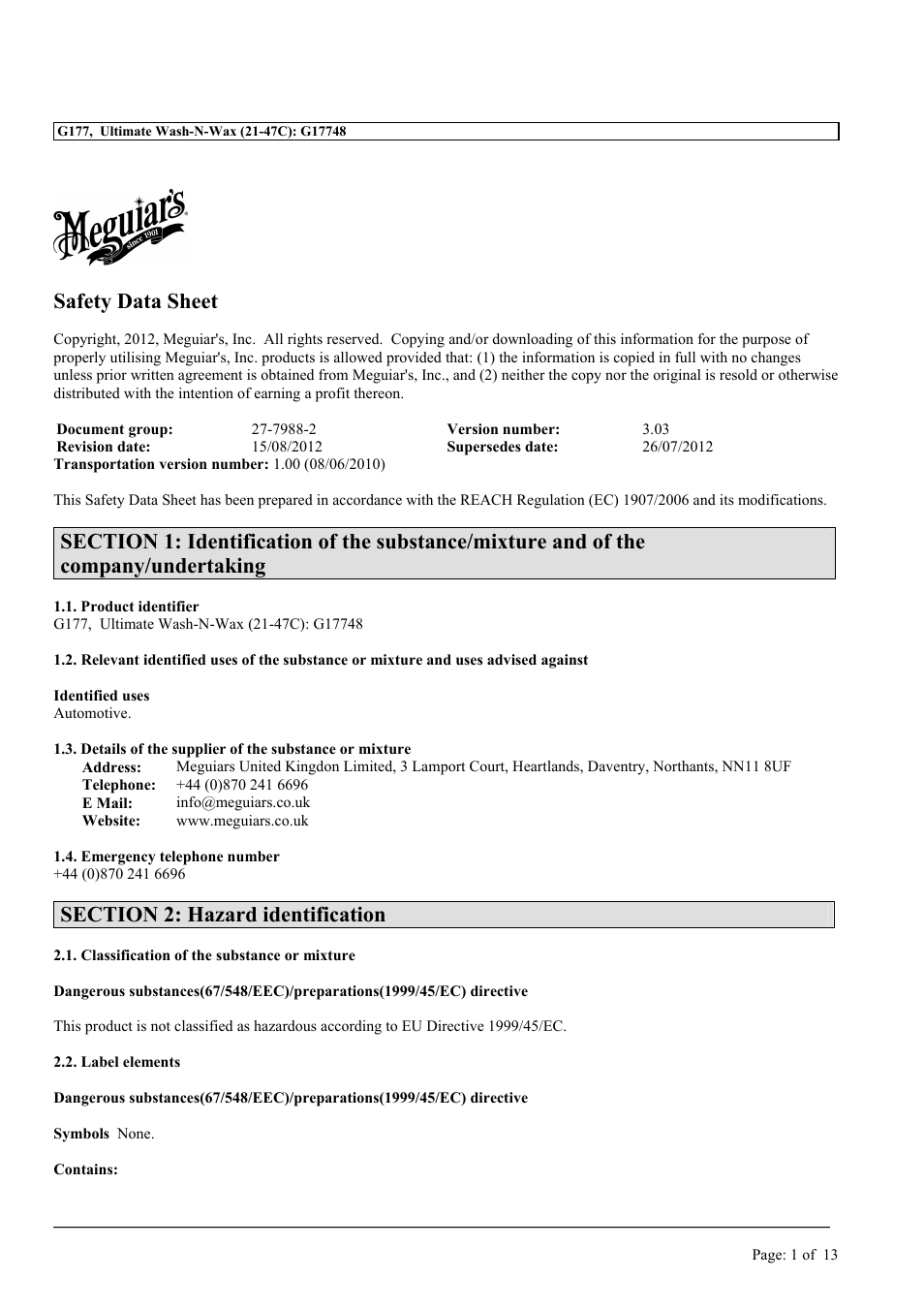 Safety data sheet | MEGUIAR'S G3200 User Manual | Page 14 / 37