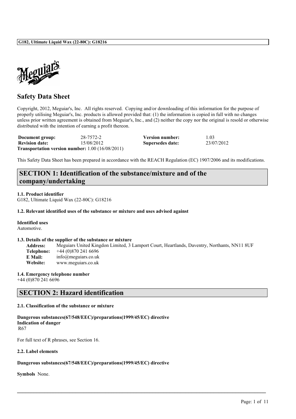 Safety data sheet | MEGUIAR'S G3200 User Manual | Page 27 / 37
