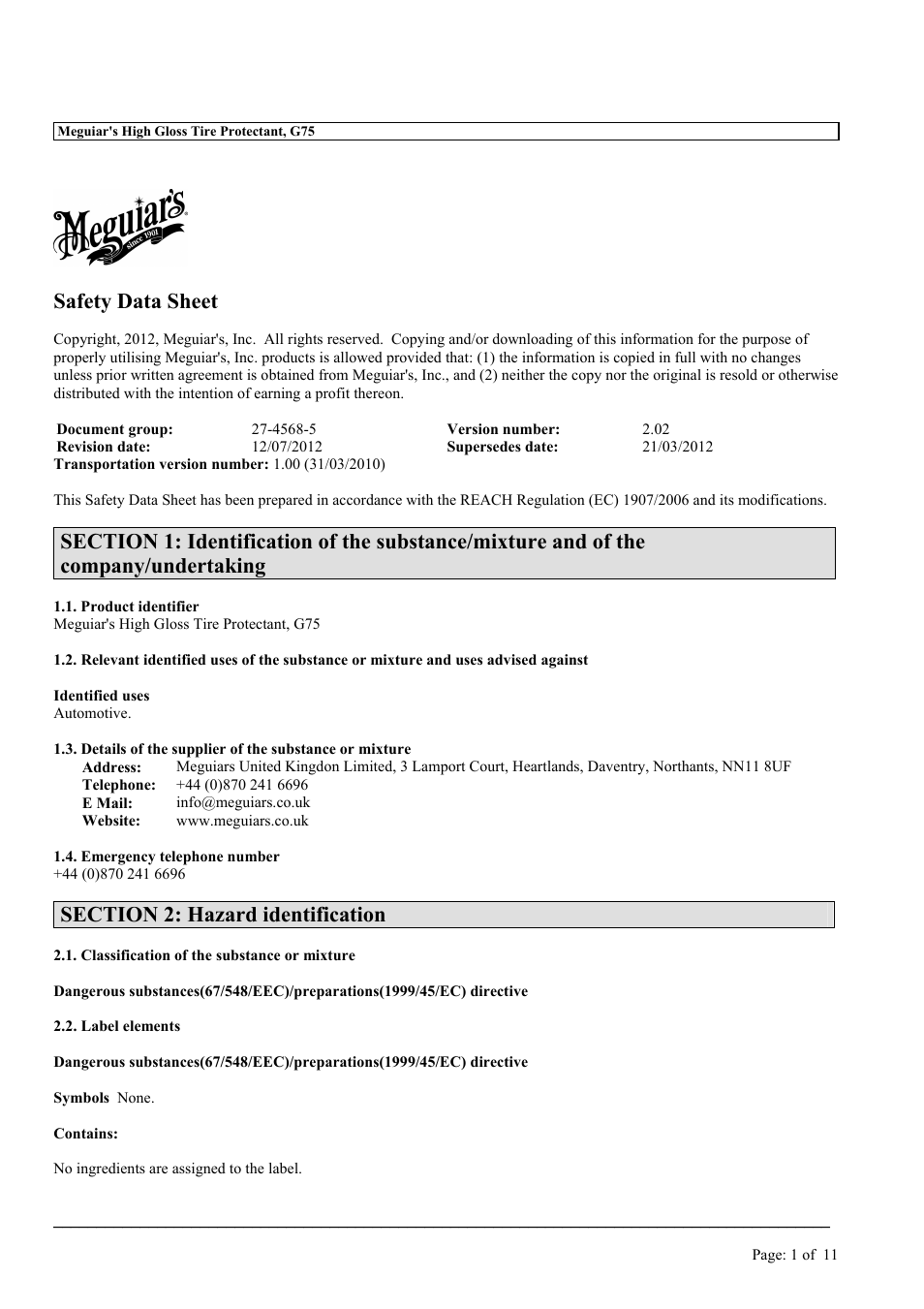 Safety data sheet | MEGUIAR'S G3200 User Manual | Page 3 / 37