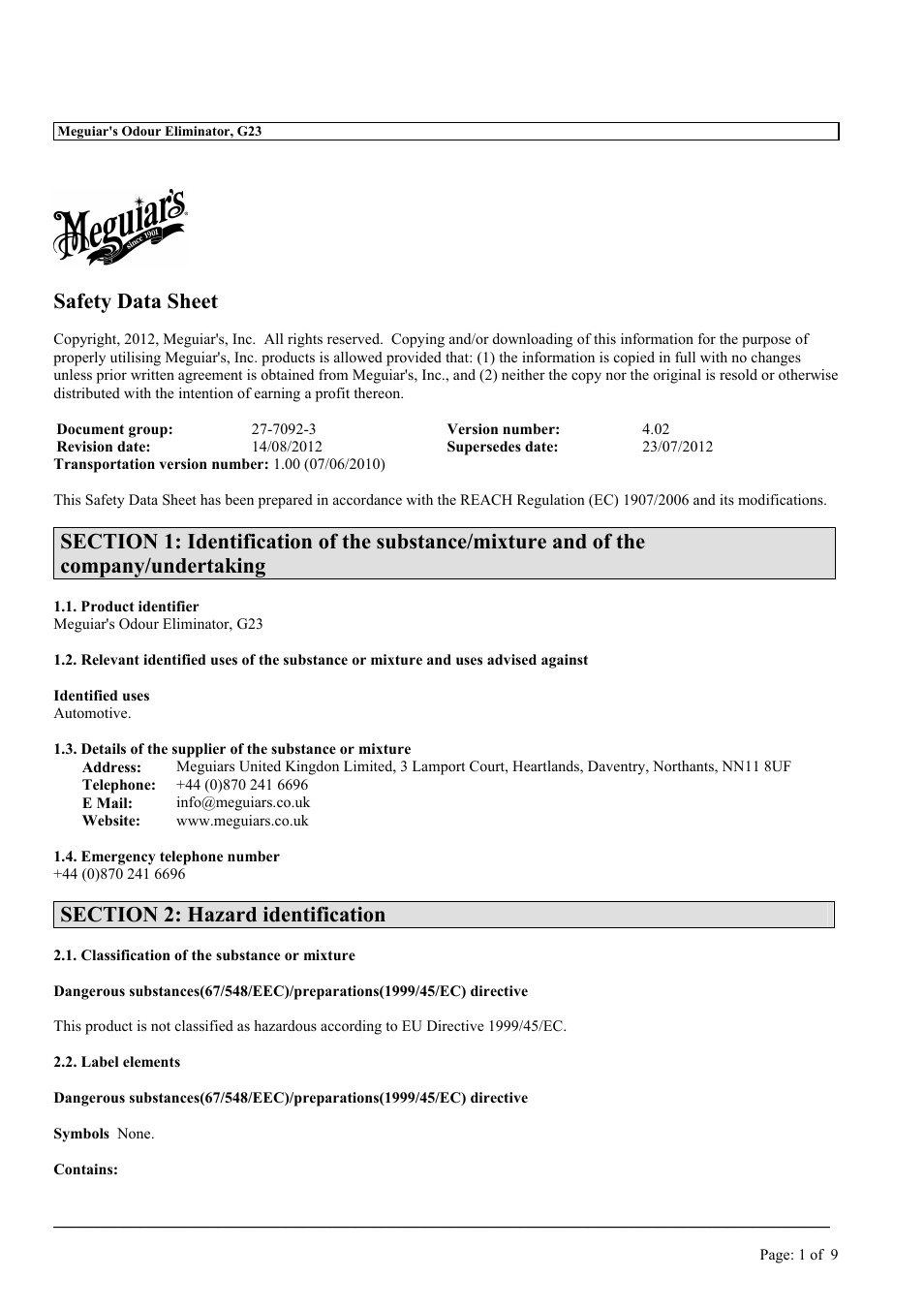 MEGUIAR'S G23 User Manual | 9 pages