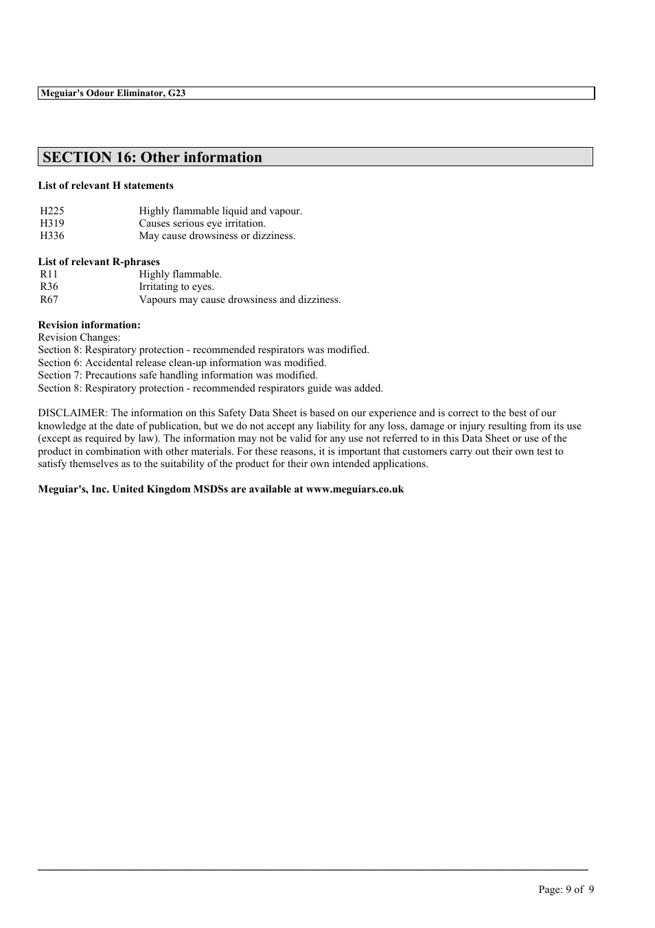 MEGUIAR'S G23 User Manual | Page 9 / 9