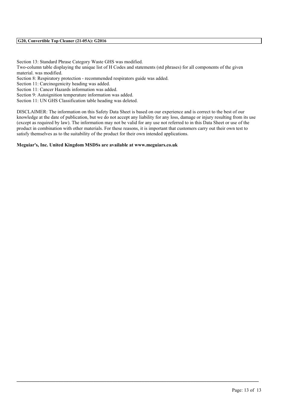 MEGUIAR'S G20 User Manual | Page 13 / 13