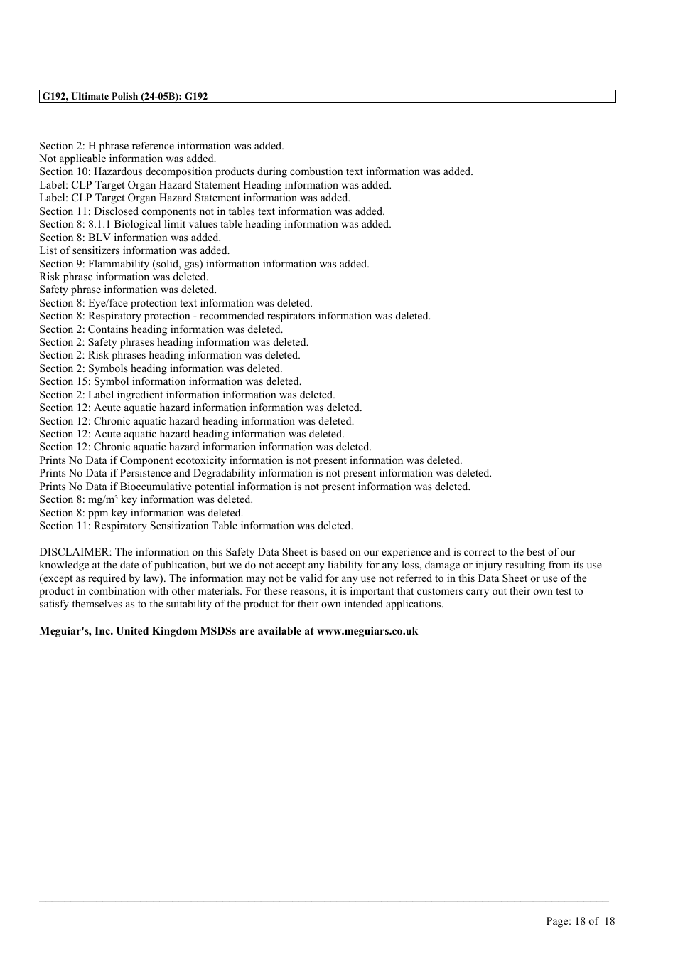 MEGUIAR'S G192 User Manual | Page 18 / 18