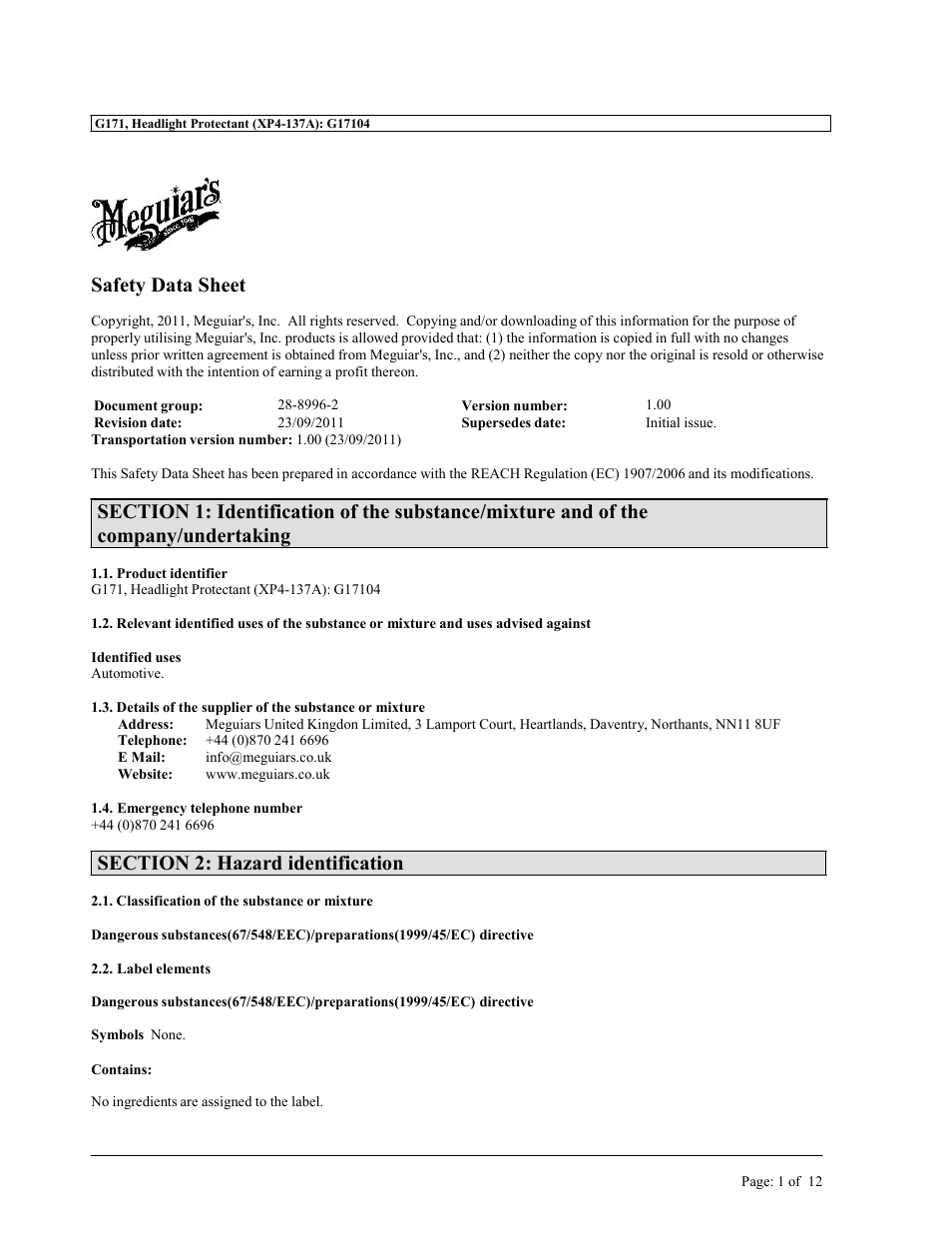 Safety data sheet | MEGUIAR'S G1900 User Manual | Page 16 / 27