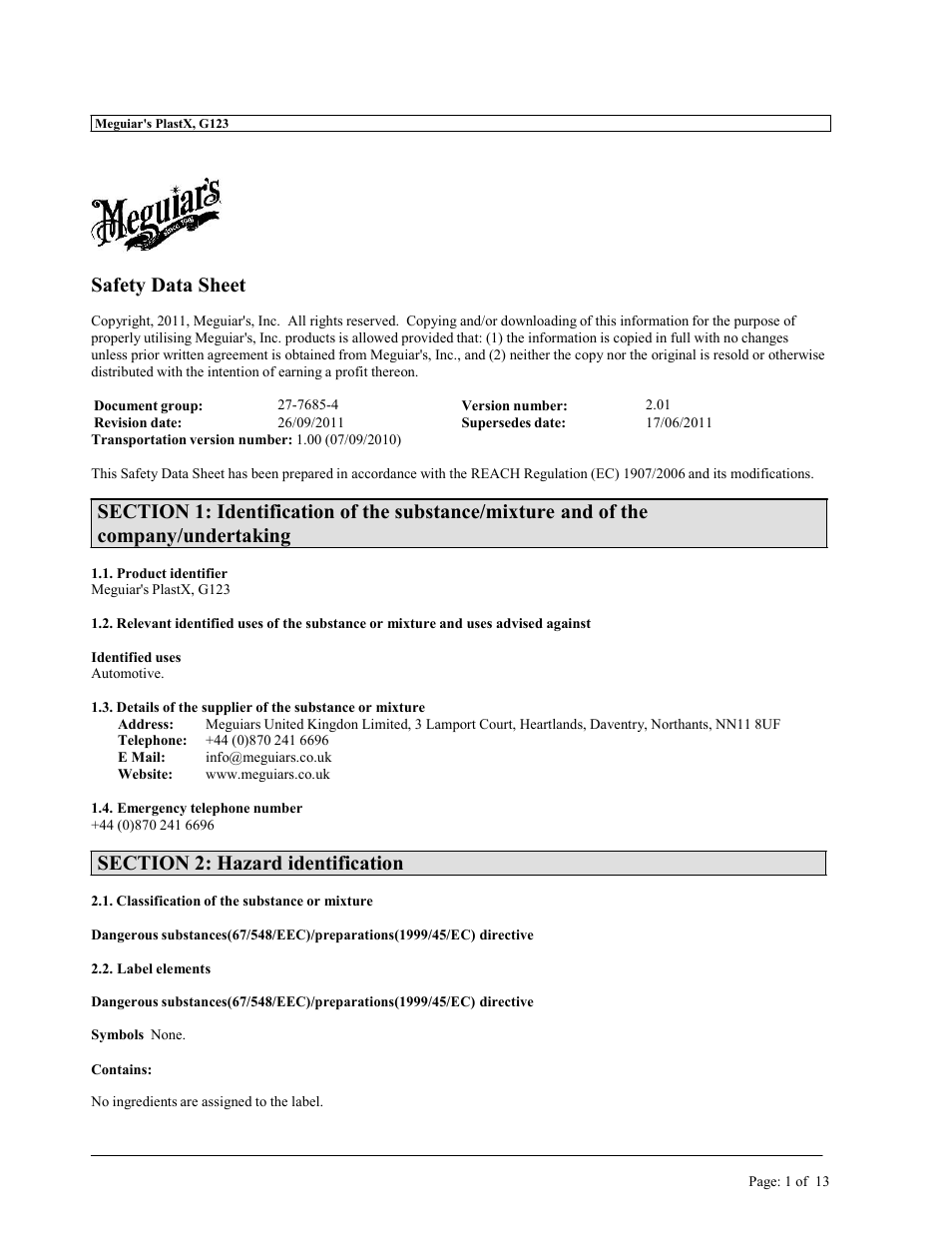 Safety data sheet | MEGUIAR'S G1900 User Manual | Page 3 / 27