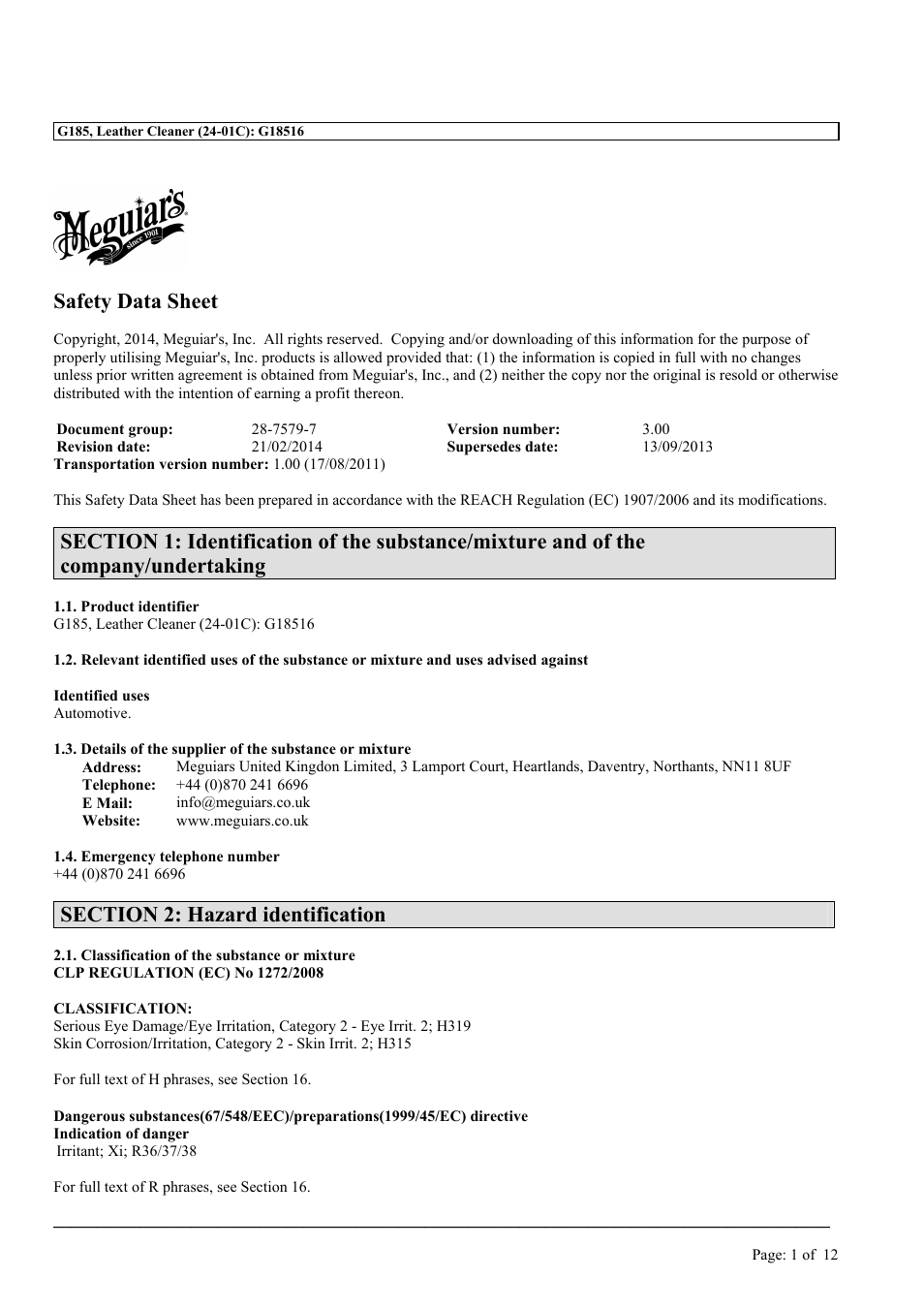 MEGUIAR'S D185 User Manual | 12 pages