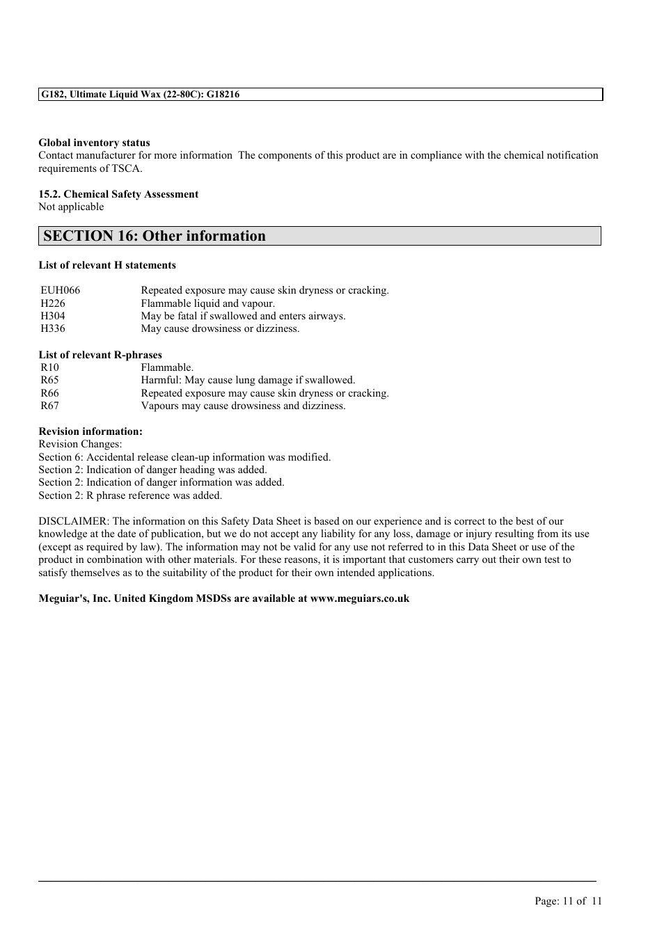 MEGUIAR'S G182 User Manual | Page 11 / 11