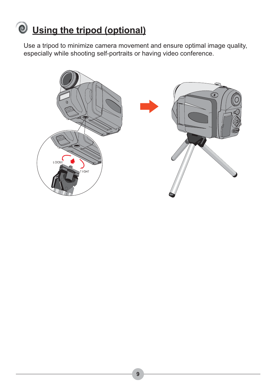 Using the tripod (optional) | AIPTEK Pocket DV 4100 User Manual | Page 10 / 44