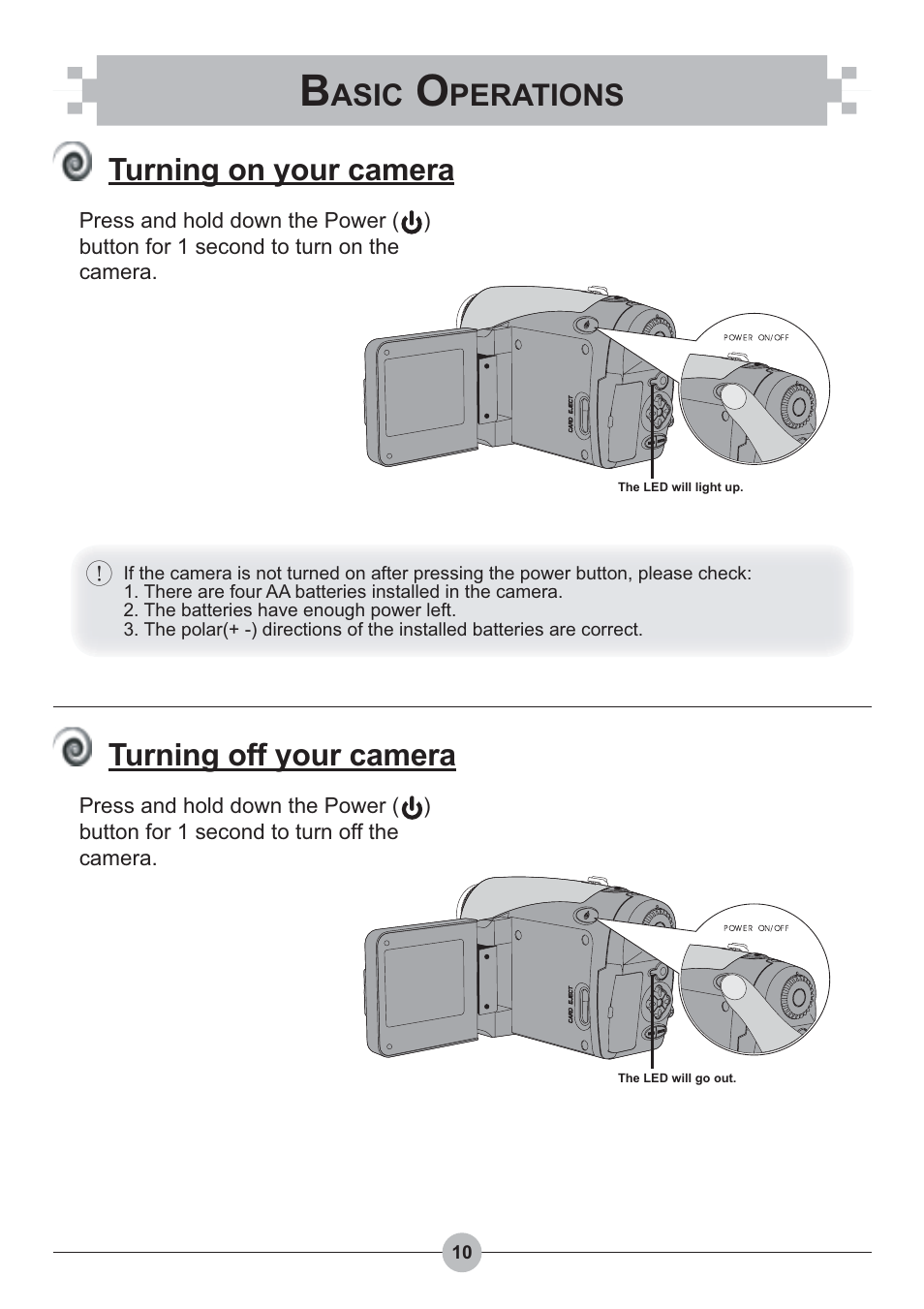 Turning on your camera, Turning off your camera, Asic | Perations | AIPTEK Pocket DV 4100 User Manual | Page 11 / 44