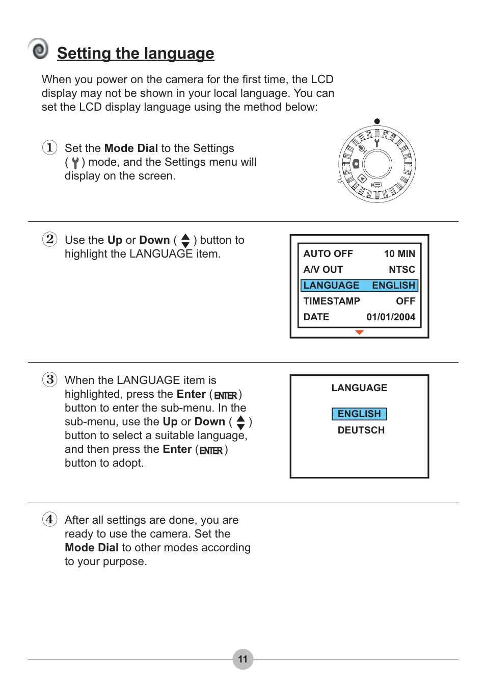 Setting the language | AIPTEK Pocket DV 4100 User Manual | Page 12 / 44