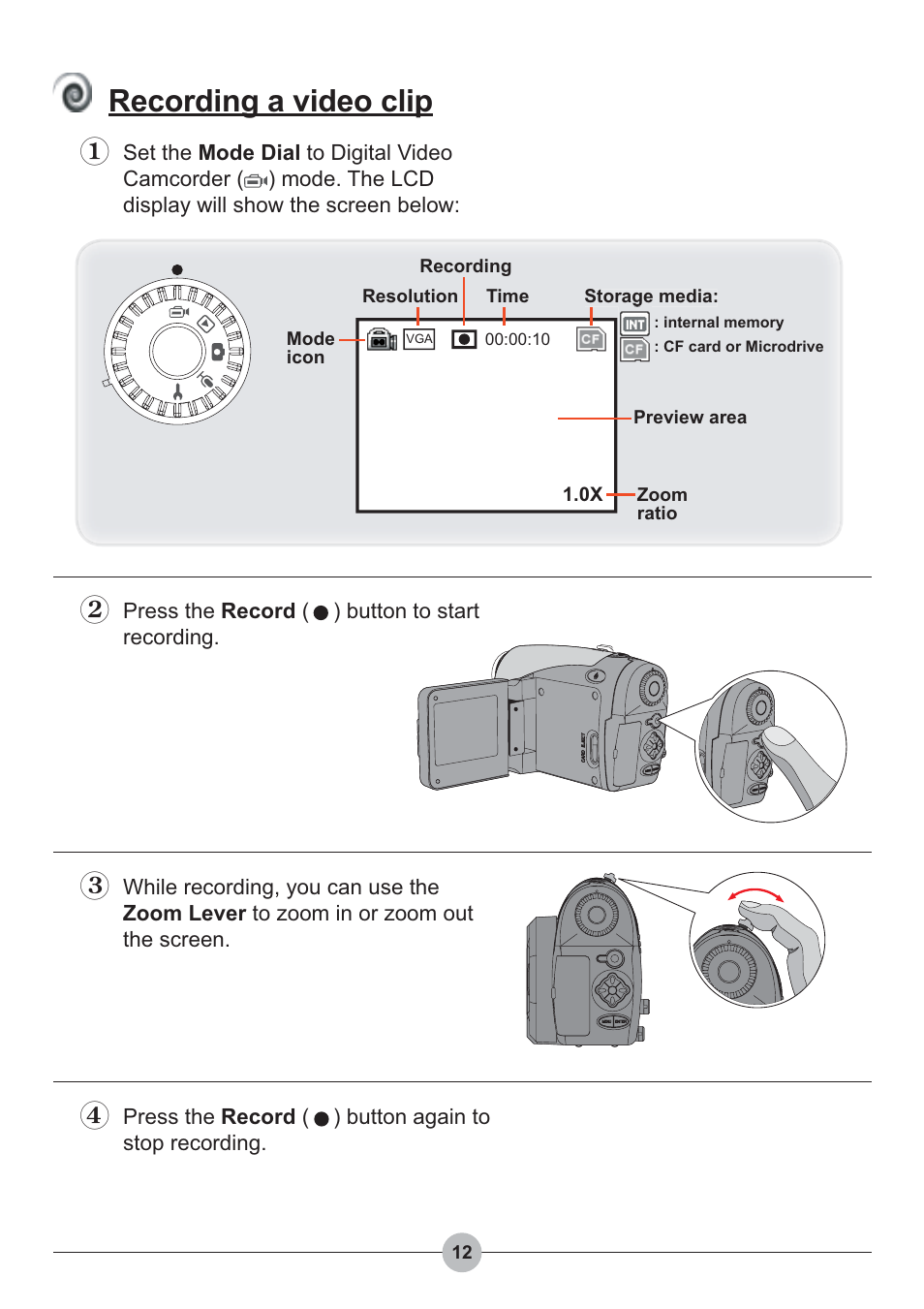 Recording a video clip | AIPTEK Pocket DV 4100 User Manual | Page 13 / 44