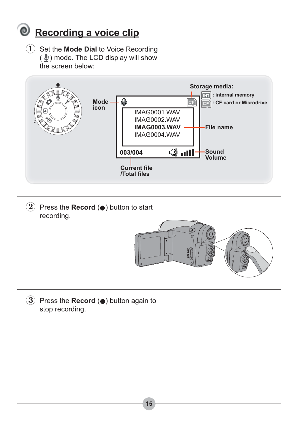 Recording a voice clip | AIPTEK Pocket DV 4100 User Manual | Page 16 / 44