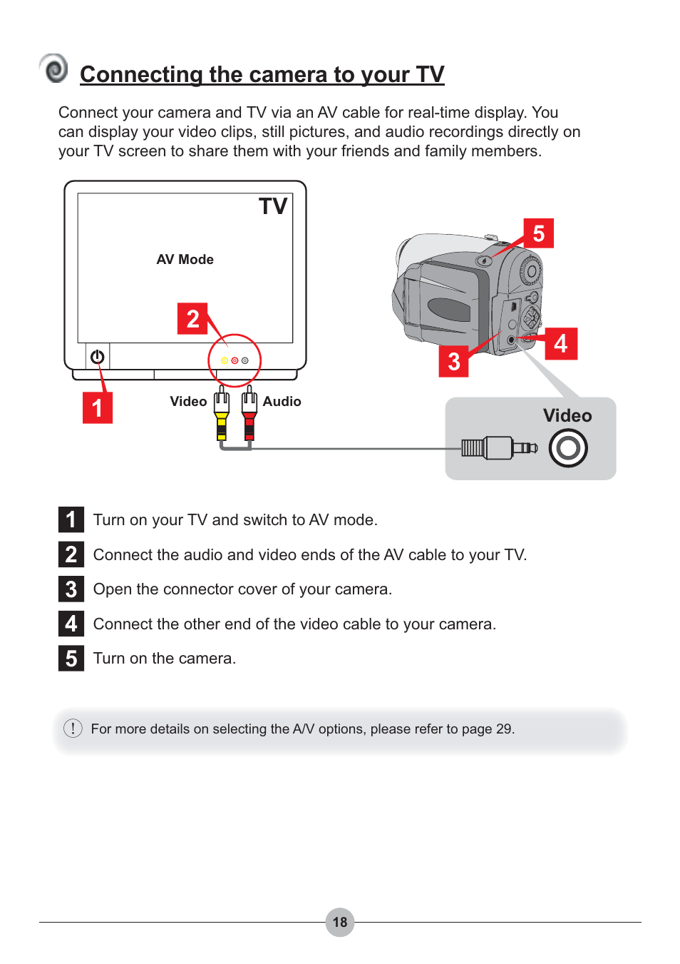 Tv connecting the camera to your tv | AIPTEK Pocket DV 4100 User Manual | Page 19 / 44